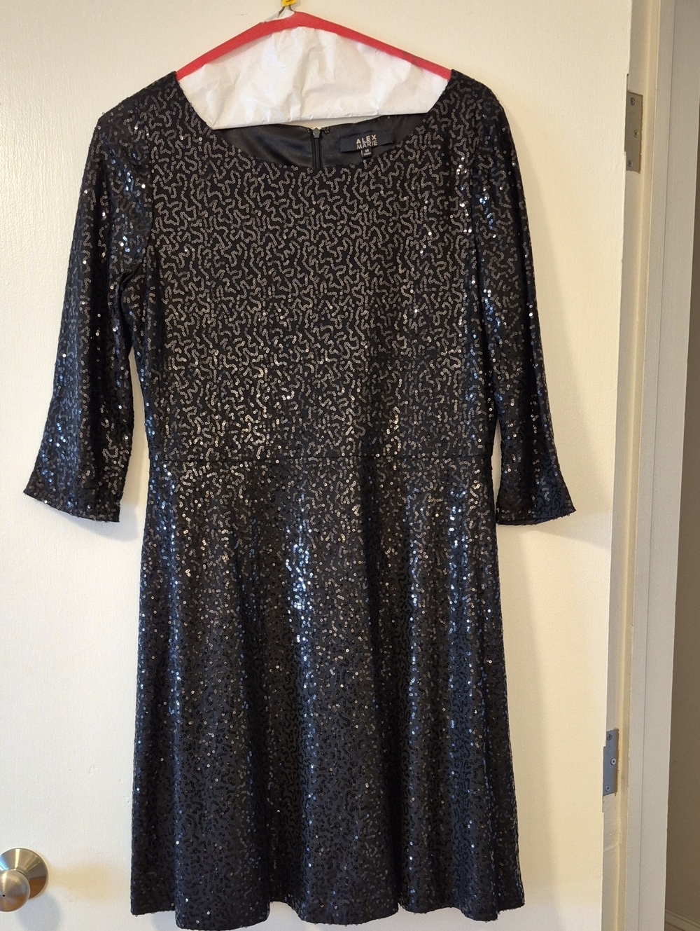 Alex Marie Black Sequin Dress • Fluted Sleeves • Size 14